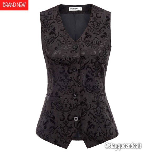 Women's Jacquard Waistcoat Vest Sleeveless Button Up Vintage Steampunk